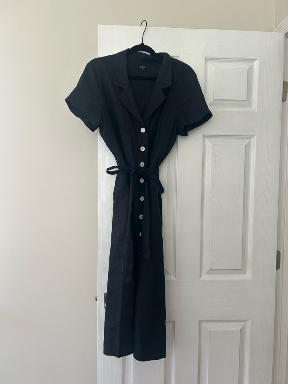 Quince European Linen Black Button-Front Midi Tie Waist Dress - Picture 2 of 6